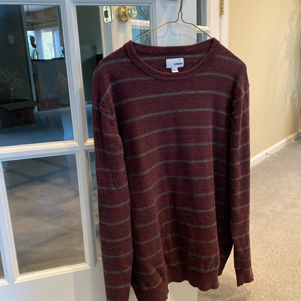 Sonoma: Men's Maroon and Gray Striped Crewneck Sweater